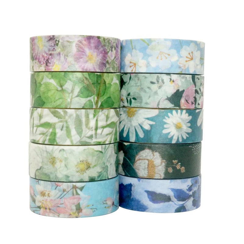 YUBBAEX 10 Rolls Spring Flowers Washi Tape Set Masking Decorative Tapes (Cold Tone) - Image 3